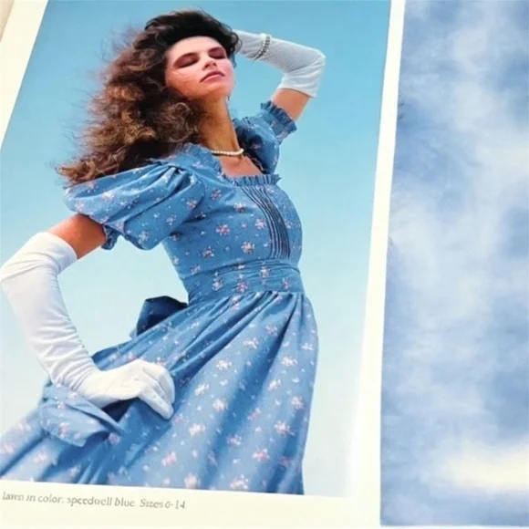 RARE Laura Ashley Blue Floral Cotton Puff Sleeve Cottagecore Prairie Midi Dress - Picture 6 of 10